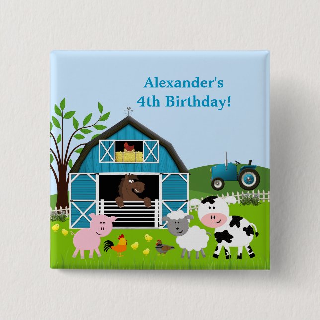 Boy Barnyard Farm Animals Birthday Button (Front)