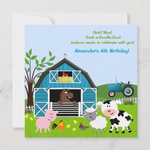 Boy Barnyard Farm Animals Birthday Invitations