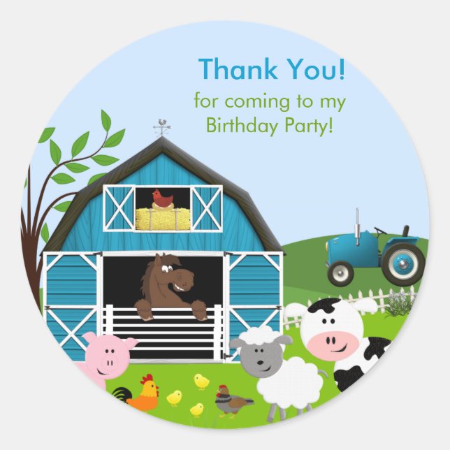 Boy Barnyard Farm Animals Birthday Party Sticker (Front)