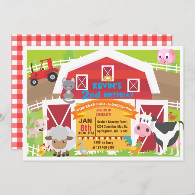 Boy barnyard invitation - Farm Birthday Invitatio (Front/Back)