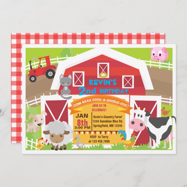 Boy barnyard invitation - Farm Birthday Invitatio (Front/Back)