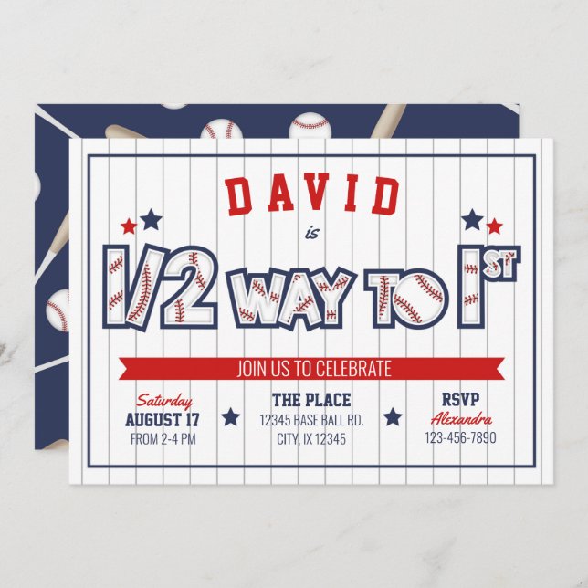 Boy Baseball 1/2 Birthday Invitation (Front/Back)