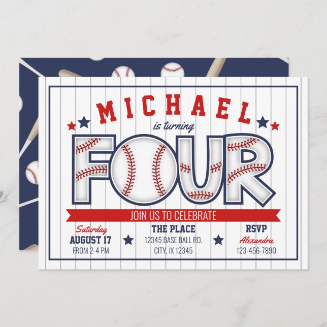 Boy Baseball 4th Birthday Invitation (Front/Back)