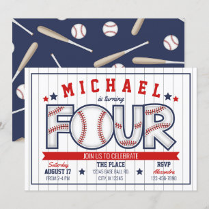 Boy Baseball 4th Birthday Invitation