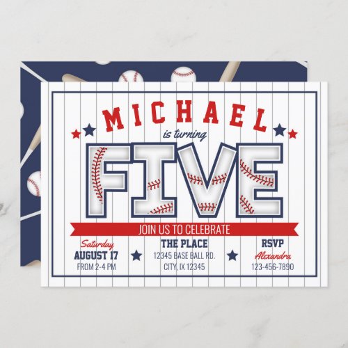 Boy Baseball 5th Birthday Invitation