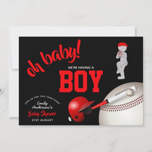 BOY Baseball Baby Shower Red Black Invitations (Front)