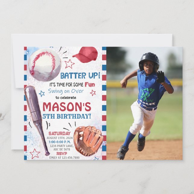 Boy Baseball Birthday Photo Invitation (Front)