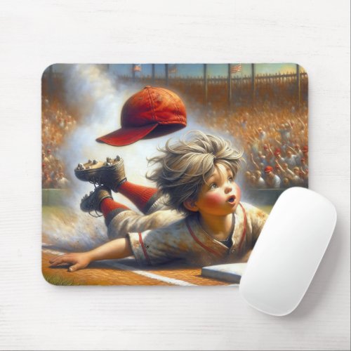 Boy Baseball Player Sliding Into Home Plate Mouse Pad