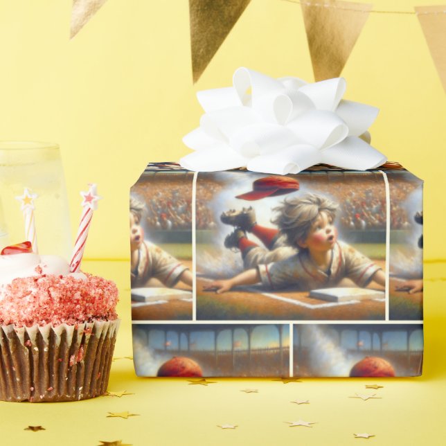 Boy Baseball Player Sliding Into Home Plate Wrapping Paper (Birthday Party)