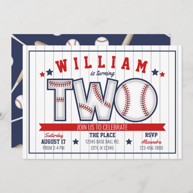 Boy Baseball Second Birthday Invitation (Front/Back)