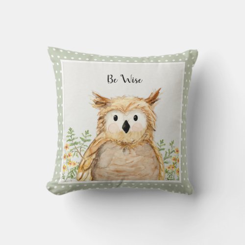 Boy Be Wise Owl Watercolor Woodland Forest Animal Throw Pillow