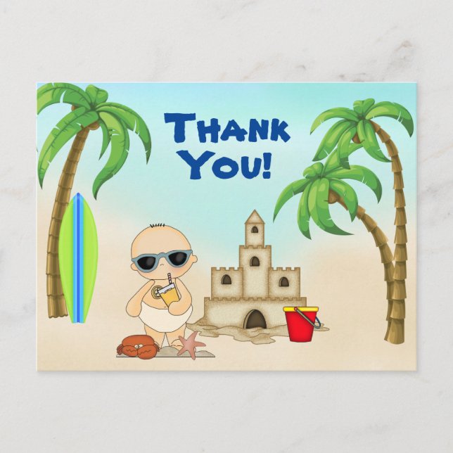 Boy Beach Baby Sandcastle and Surfboard Thank You Postcard (Front)