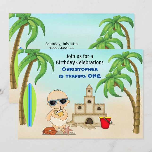 Boy Beach Baby Sandcastle n Surfboard 1st Birthday Invitation (Front/Back)