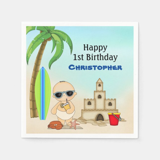 Boy Beach Baby Sandcastle n Surfboard 1st Birthday Napkins (Front)