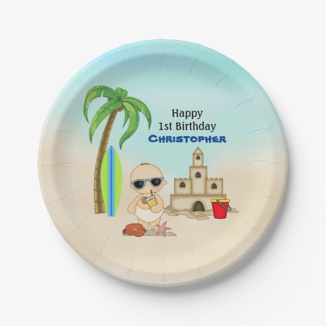 Boy Beach Baby Sandcastle n Surfboard 1st Birthday Paper Plates (Front)