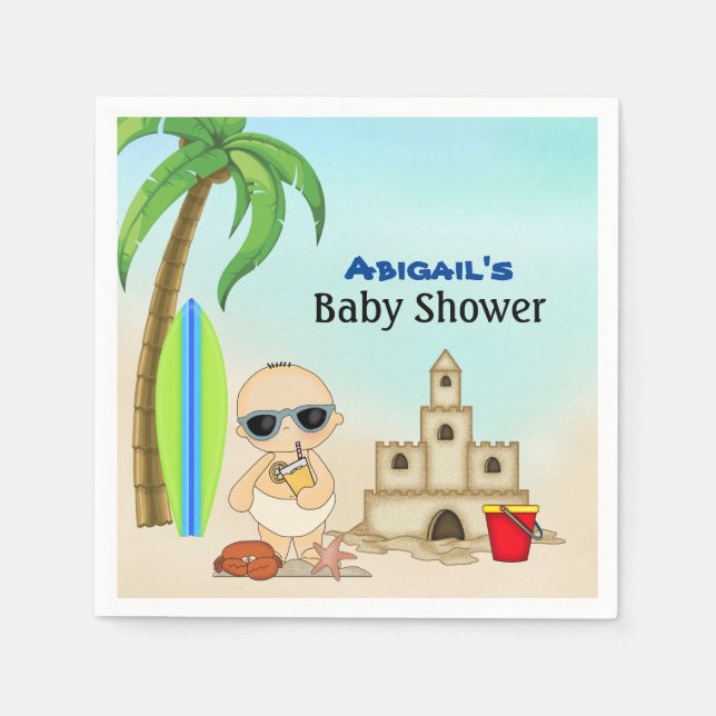 Boy Beach Baby Sandcastle n Surfboard Baby Shower Napkins (Front)