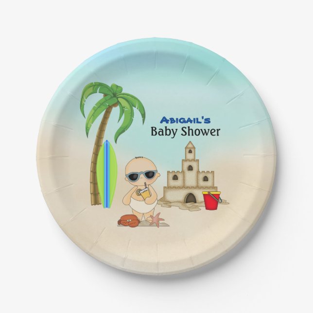 Boy Beach Baby Sandcastle n Surfboard Baby Shower Paper Plates (Front)