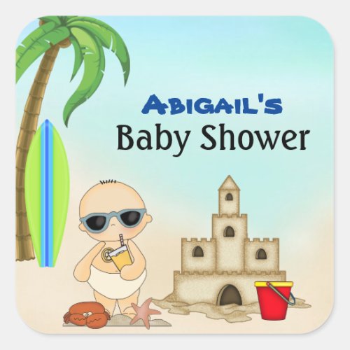 Boy Beach Baby Sandcastle n Surfboard Baby Shower Square Sticker