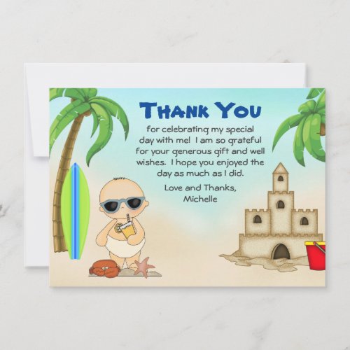 Boy Beach Baby Sandcastle n Surfboard Baby Shower Thank You Card