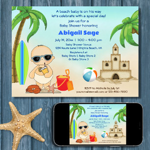 Boy Beach Baby Sandcastle, Surfboard Baby Shower Invitation