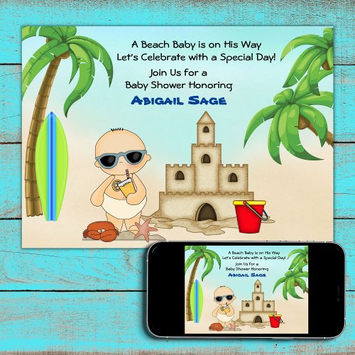 Boy Beach Baby Sandcastle Surfboard Baby Shower Invitation