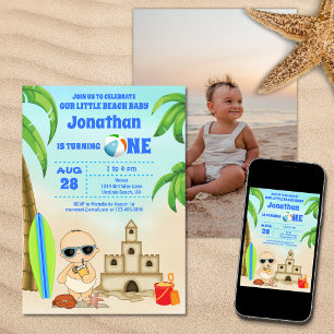 Boy Beach Baby Surfboard 1st Birthday PHOTO Invitation