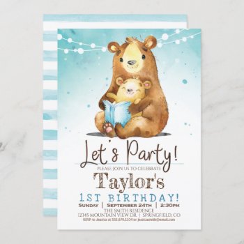 Boy Bear 1st Birthday Party Blue Invitation by Card_Stop at Zazzle