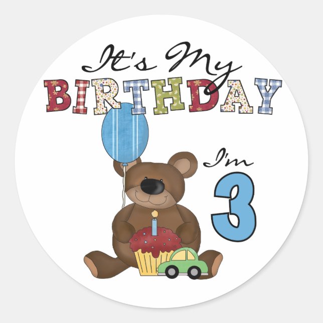 Boy Bear 3rd Birthday Tshirts and Gifts Classic Round Sticker (Front)