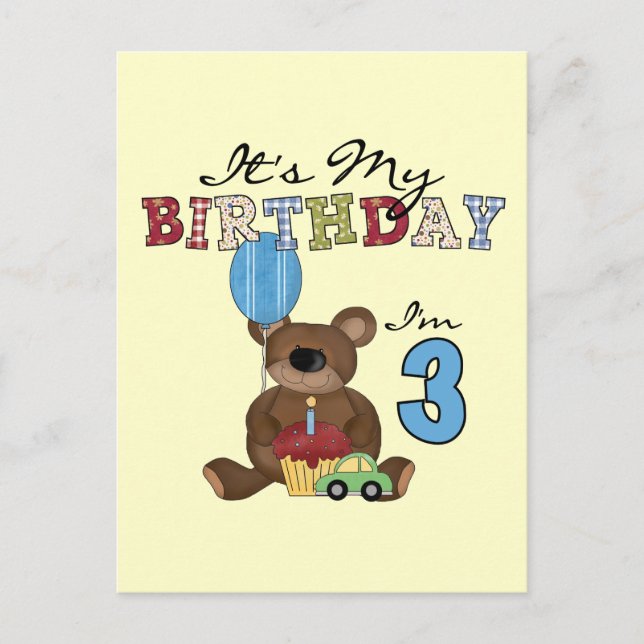 Boy Bear 3rd Birthday Tshirts and Gifts Postcard (Front)