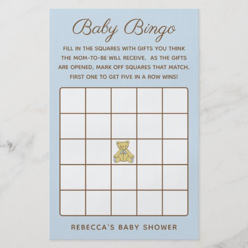 Boy Bear Baby Shower Bingo Game Flyer