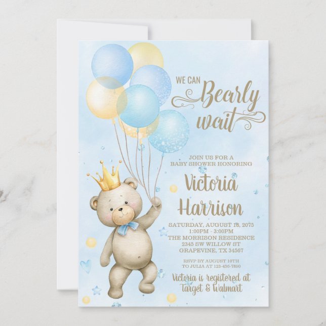 Boy Bear Baby Shower Invitation (Front)
