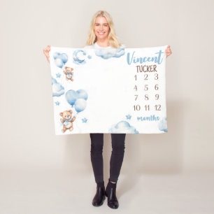 BOY BEAR BALLOONS Milestone Blanket, Blue Balloons