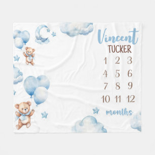 BOY BEAR BALLOONS Milestone Blanket, Blue Balloons