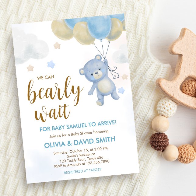 Boy Bear Bearly Wait Baby Shower Invitation (Blue We Can Bearly Wait Bear Balloons Baby Shower Invitation)