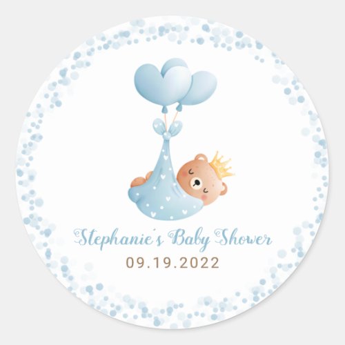 Boy Bear Blue Baby Shower Classic Round Sticker