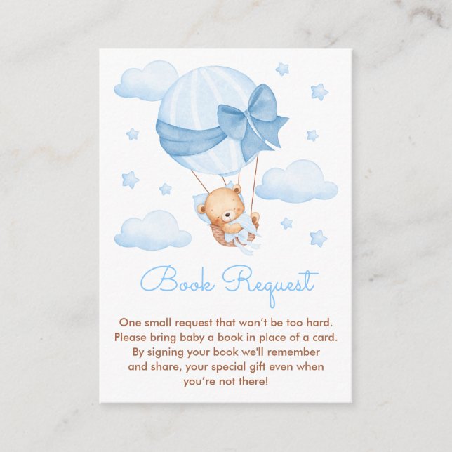 Boy Bear Blue Balloon Baby Shower Book Request Enclosure Card (Front)