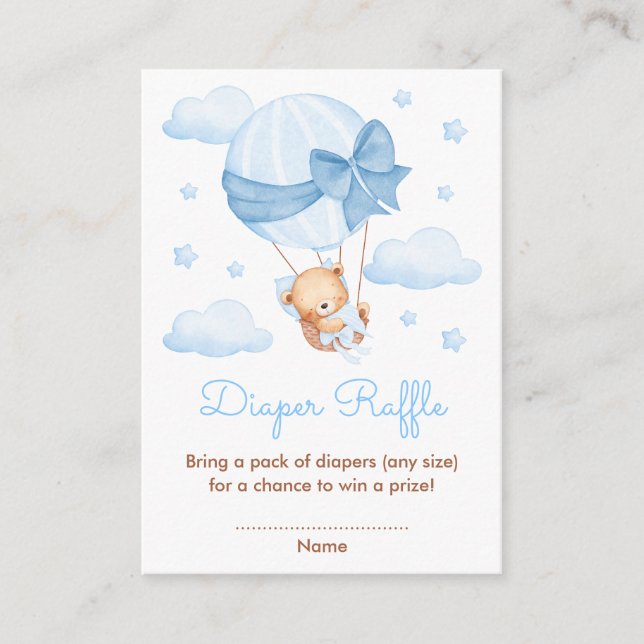 Boy Bear Blue Balloon Baby Shower Diaper Raffle Enclosure Card (Front)