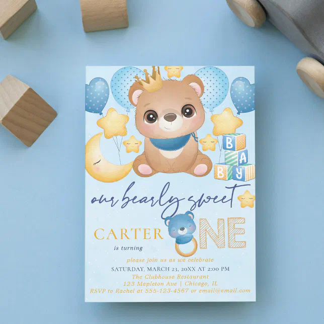 Boy Bear Blue First Birthday Invitation | Zazzle