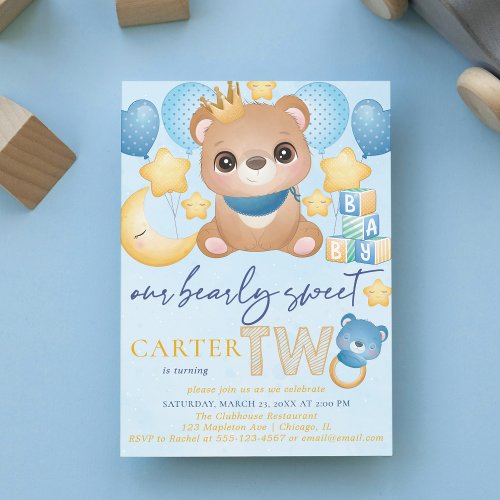 Boy Bear Blue Second Birthday Invitation