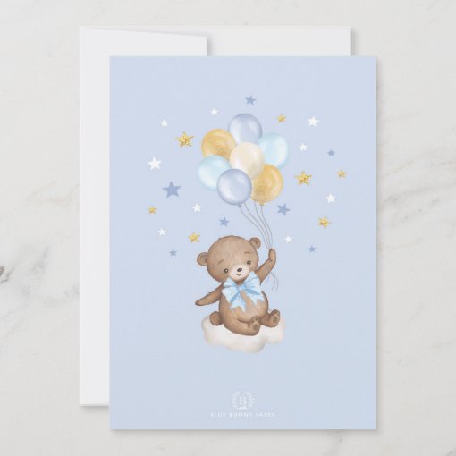 Boy Bear Hot Air Balloon Blue Gold Sky Baby Shower Invitation | Zazzle