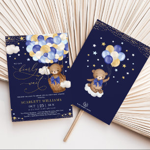 Boy Bear Hot Air Balloon Navy Gold Sky Baby Shower Invitation
