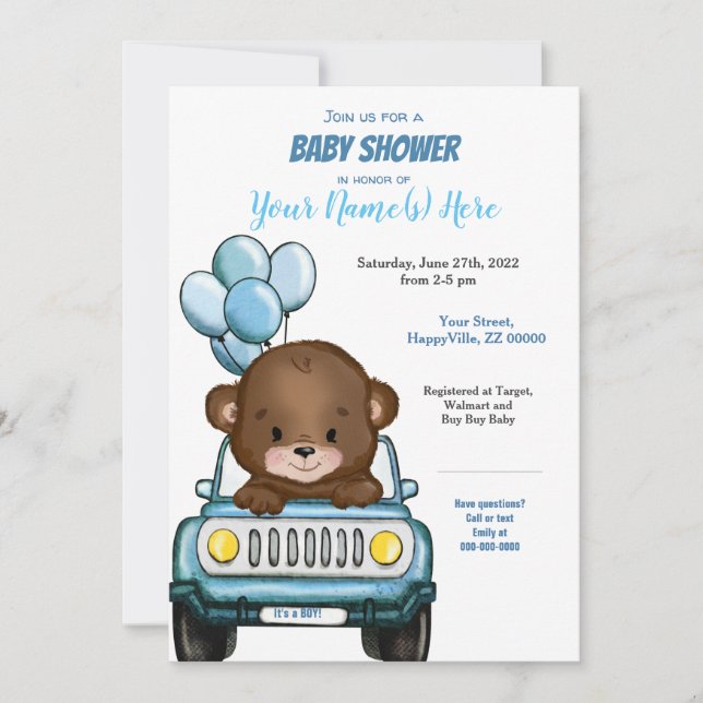 Boy Bear in Car Baby Shower Invitation Balloons (Front)
