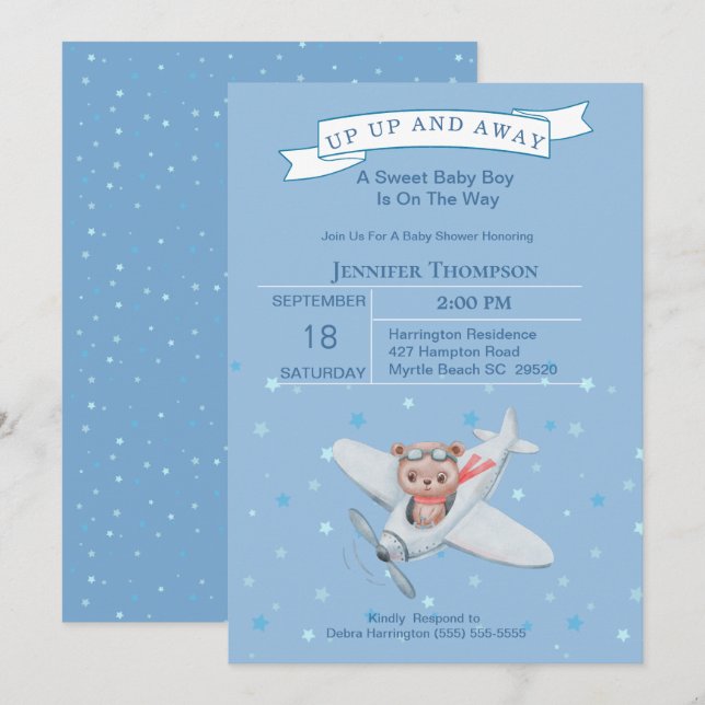 Boy Bear Pilot Airplane Baby Shower Invitation (Front/Back)