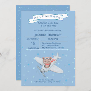 Boy Bear Pilot Airplane Baby Shower Invitation