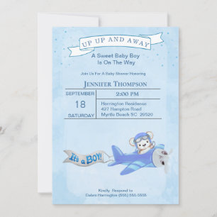Boy Bear Pilot Airplane Baby Shower Invitation