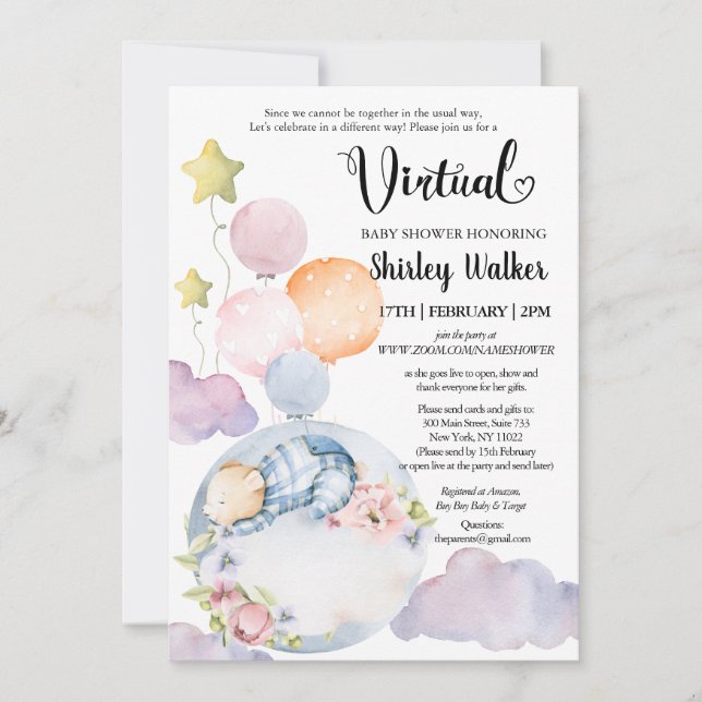 Boy Bear Pink Floral Balloons Virtual Baby Shower Invitation (Front)