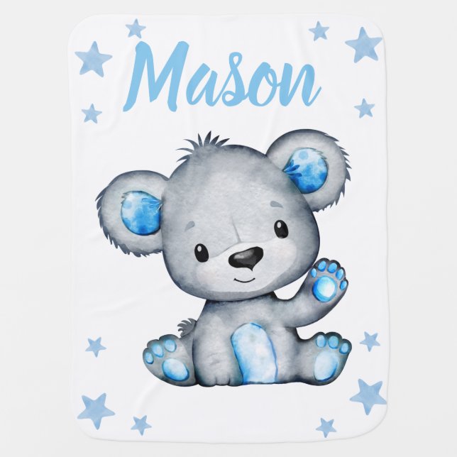 Boy Bear Teddy Blankets Star Blue Name (Front)