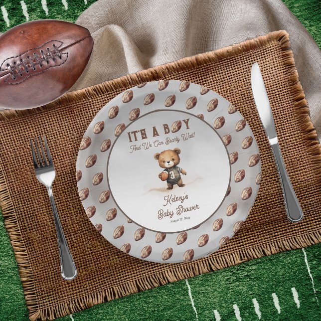 Boy Bearly Wait American Football Baby Shower  Paper Plates (Teddy Bear Boy American Football Baby Shower Round Paper Plate - Bearly Wait Collection)