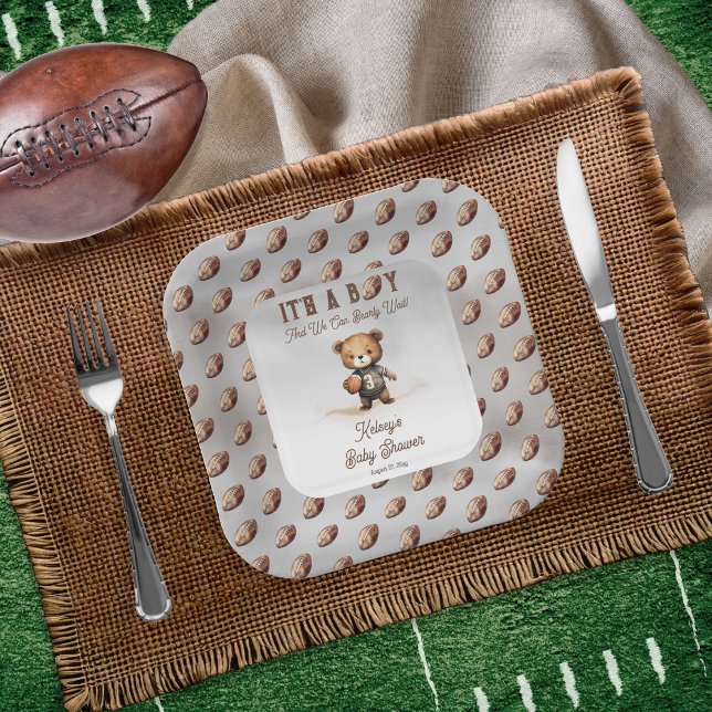 Boy Bearly Wait American Football Baby Shower  Paper Plates (Teddy Bear Boy American Football Baby Shower Square Paper Plate - Bearly Wait Collection)