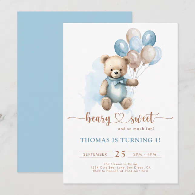 Boy Beary Sweet 1st Birthday Teddy Bear Blue Brown Invitation | Zazzle